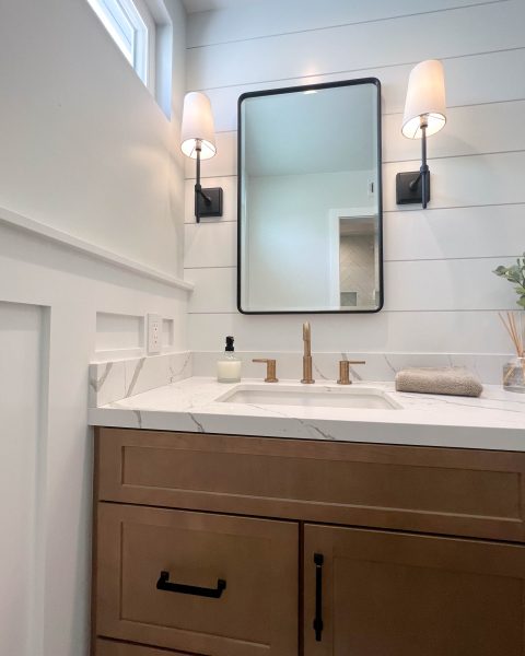 Wood-Toned-Bathroom-Vanity-with-Shiplap