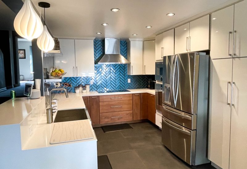 Blue-glass-herringbone-backsplash