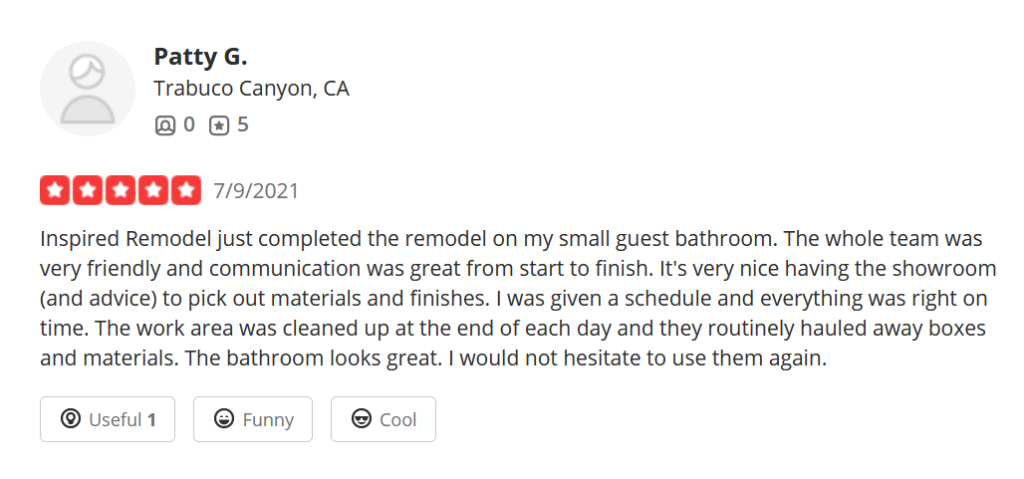 screenshot of Orange County general contractor review for Inspired Remodels on Yelp