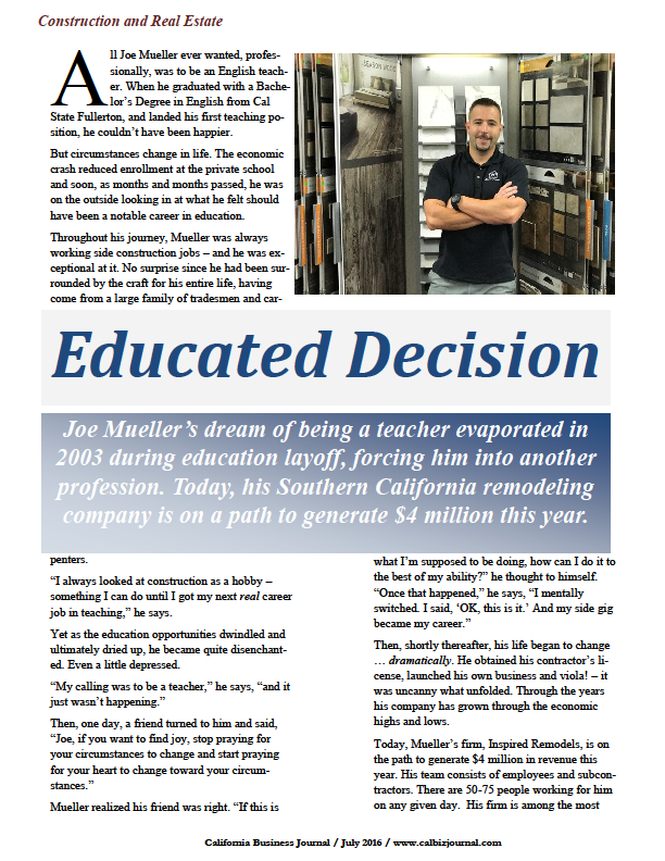 home improvement contractor Joe Mueller featured in Cal Biz Journal