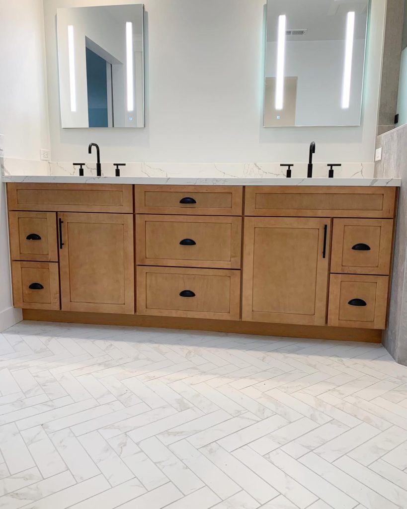 Orange County Interior remodeling project uses herringbone tile pattern on floor