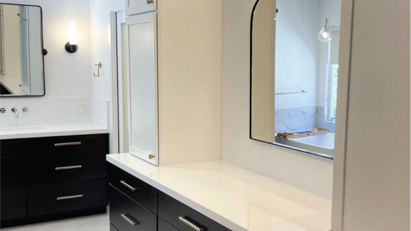 Black slab front custom cabinets with white counters for a modern contemporary bathroom