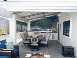 BBQ and patio cover with wood look beams