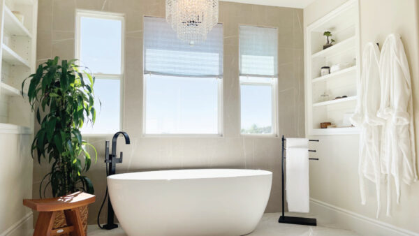 White and grey master bathroom with spa influences