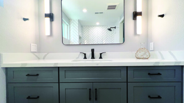 San Clemente Bathroom remodel with gray vanity and white quartz countertops