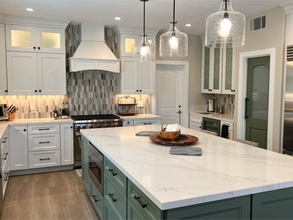 custom kitchen kitchen remodeling after photo stainless steel stove and hood with green, black & white backsplash