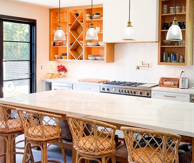 Orange County kitchen renovation after with white counters, warm shelves and bamboo barstools