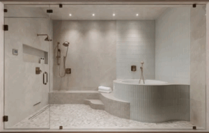 after shower remodeling project creates combined bath and shower wet area with white tile
