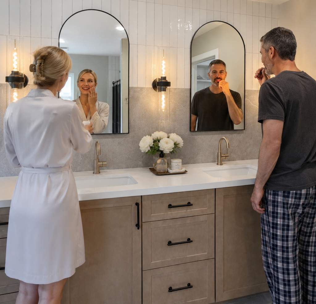 couple getting ready at sink after bathroom remodel service installs dual sinks and vanities showing how much space each has
